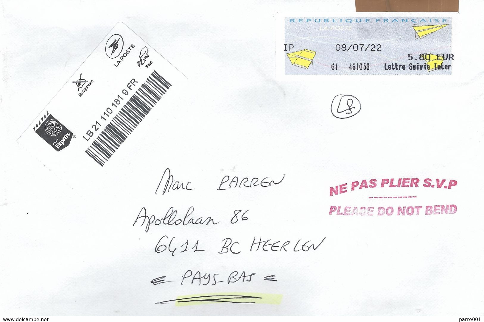 France 2022 Cahors Express LB Barcoded Label « Avions En Papier » ATM EMA Cover Lettre Suivi Aux Pays-Bas - 2000 « Avions En Papier »