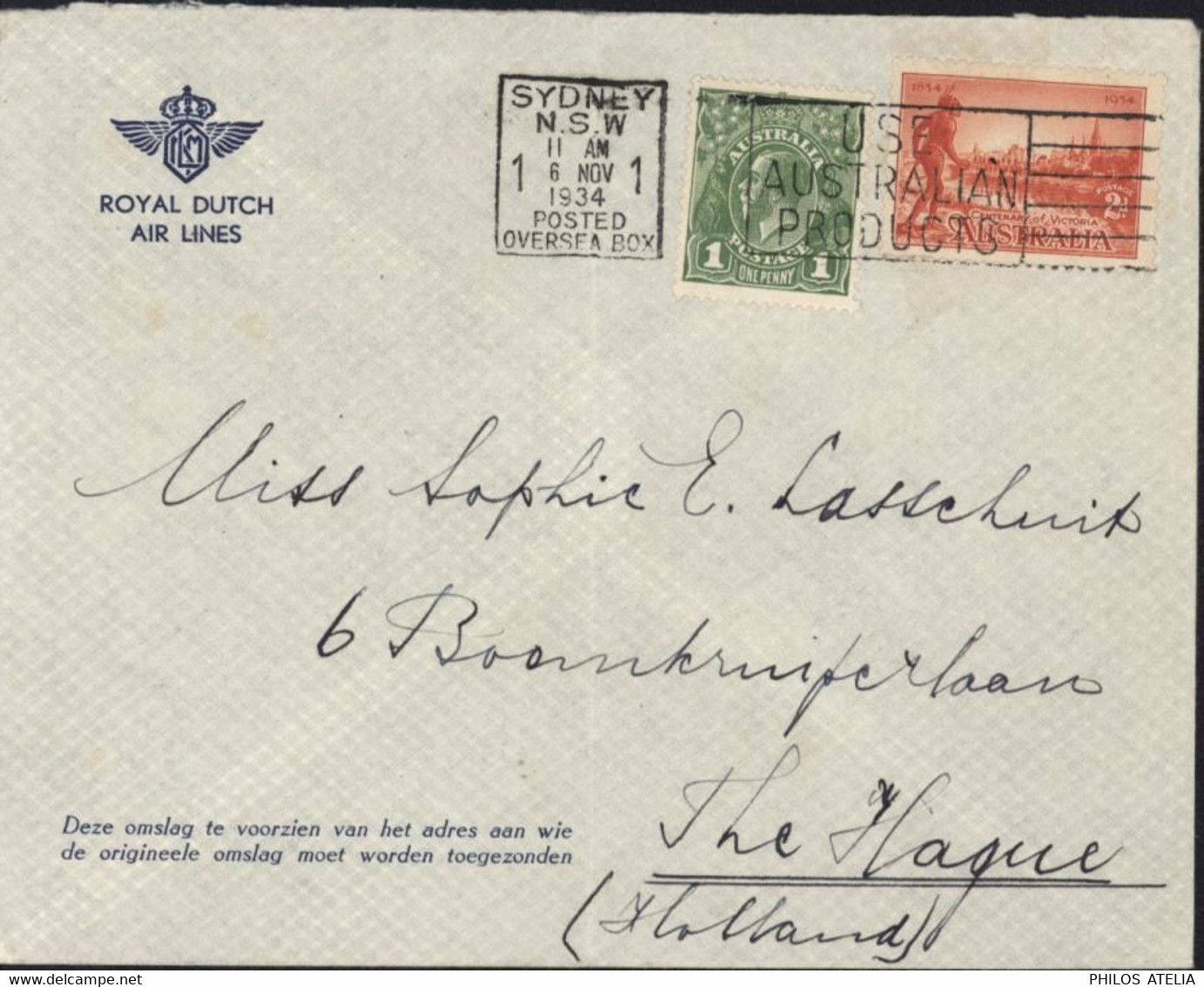 Enveloppe Royal Dutch Air Lines Cachet Sydney N.S.W 6 NOV 1934 Posted Oversea Box Flamme Use Australian Products - Cartas & Documentos