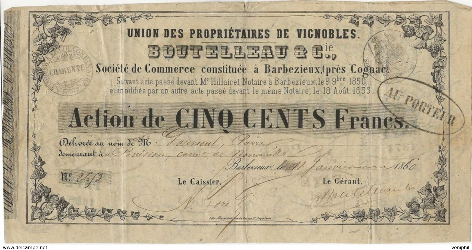 UNION DES PROPRIETAIRES DE VIGNOBLES " BOUTELLEAU" A BARBEZIEUX  PRES COGNAC -ACTION DE 500 FRS - 1857 - Agricultura