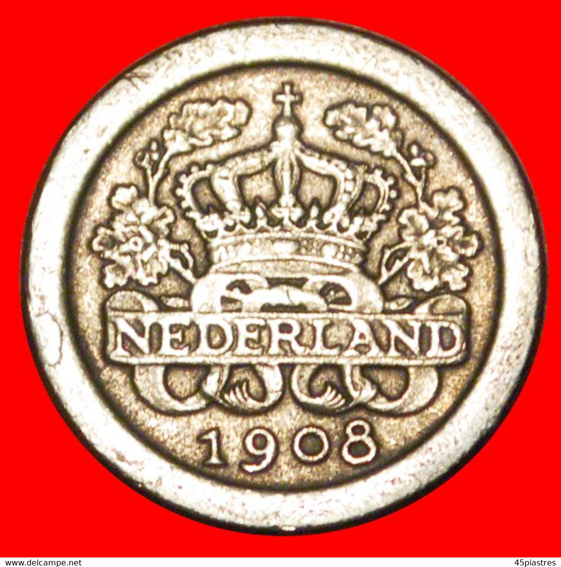 * CROWN AND OAK BRANCHES (1907-1909): NETHERLANDS ★ 5 CENTS 1908 UNCOMMON! WILHELMINA 1890-1948★LOW START ★ NO RESERVE! - 5 Cent