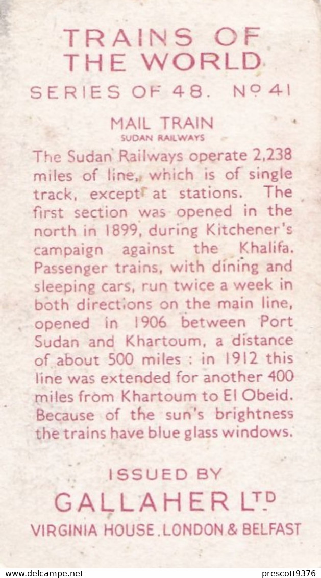 Trains Of The World 1937 - 41 Mail Train, Sudan Railways - Gallaher Cigarette Card - Original - Gallaher