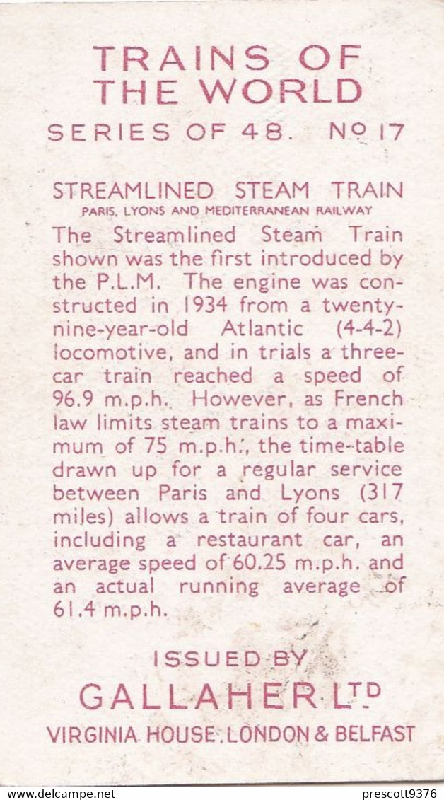 Trains Of The World 1937 - 12 Steam Train, Paris Lyon Railways - Gallaher Cigarette Card - Original - Gallaher