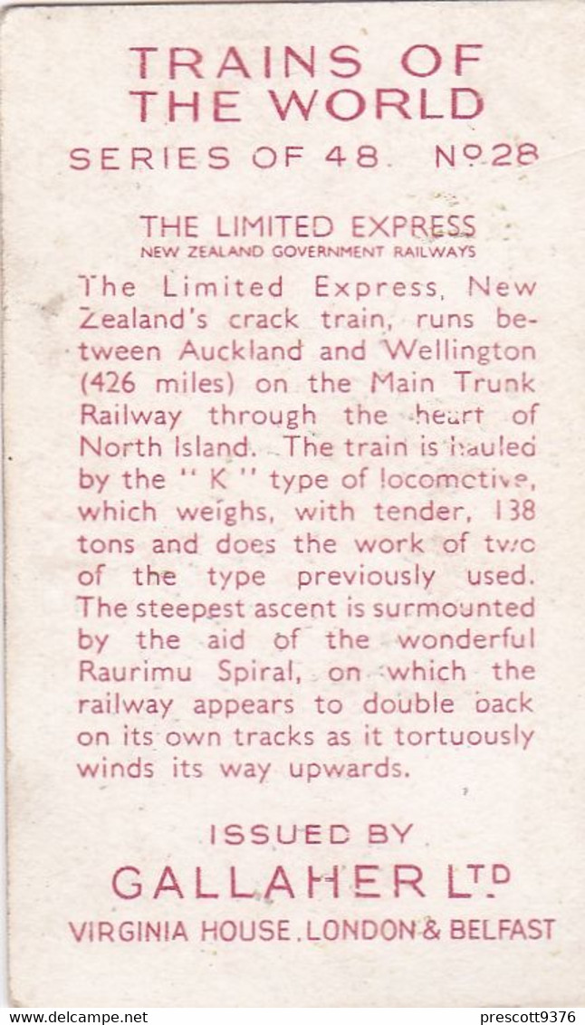 Trains Of The World 1937 - 28 Limited Express, New Zealand Rwy - Gallaher Cigarette Card - Original - Gallaher