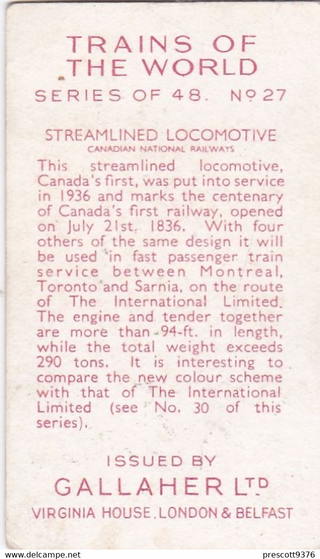 Trains Of The World 1937 - 27 Streamlined Loco, Canadian Ntl Rlwy - Gallaher Cigarette Card - Original - Gallaher