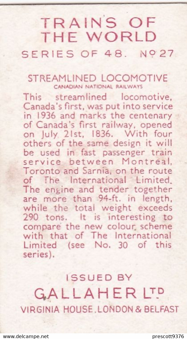 Trains Of The World 1937 - 27 Streamlined Loco, Canadian Ntl Railway - Gallaher Cigarette Card - Original - Gallaher