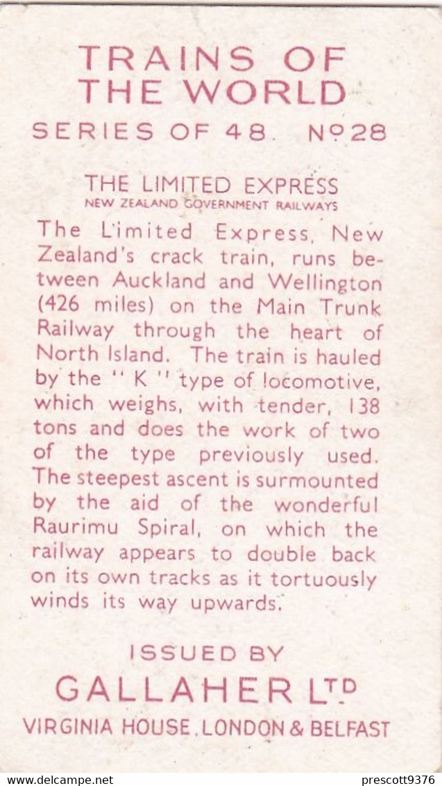 Trains Of The World 1937 - 28 Limited Express NZ Railways - Gallaher Cigarette Card - Original - Gallaher