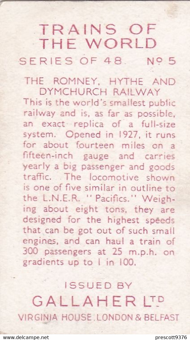 Trains Of The World 1937 - 5 Romney Hythe & Dimchurch Railways - Gallaher Cigarette Card - Original - Gallaher