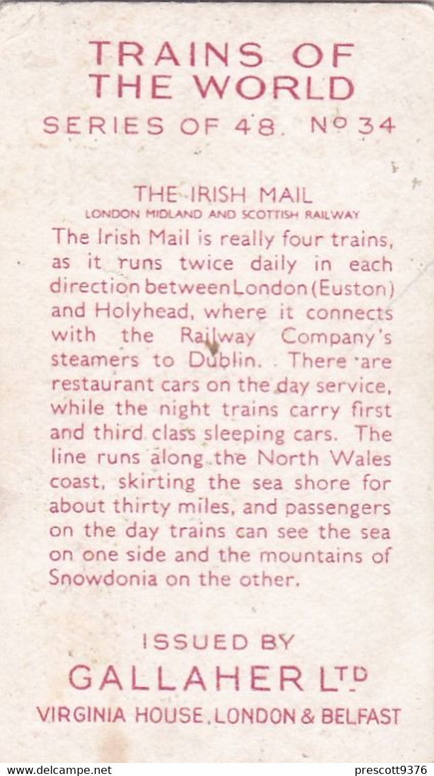Trains Of The World 1937 - 34 The Irish Mail - Gallaher Cigarette Card - Original - Gallaher
