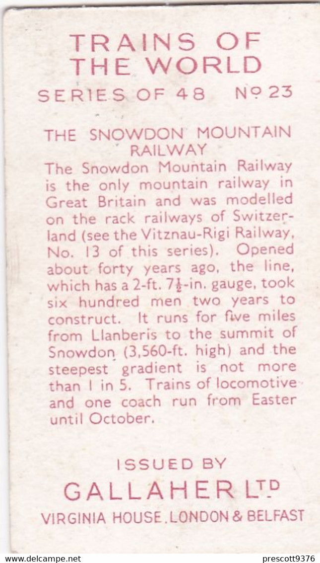 Trains Of The World 1937 - 23 Snowden Mountain Railway, North Wales - Gallaher Cigarette Card - Original - Gallaher