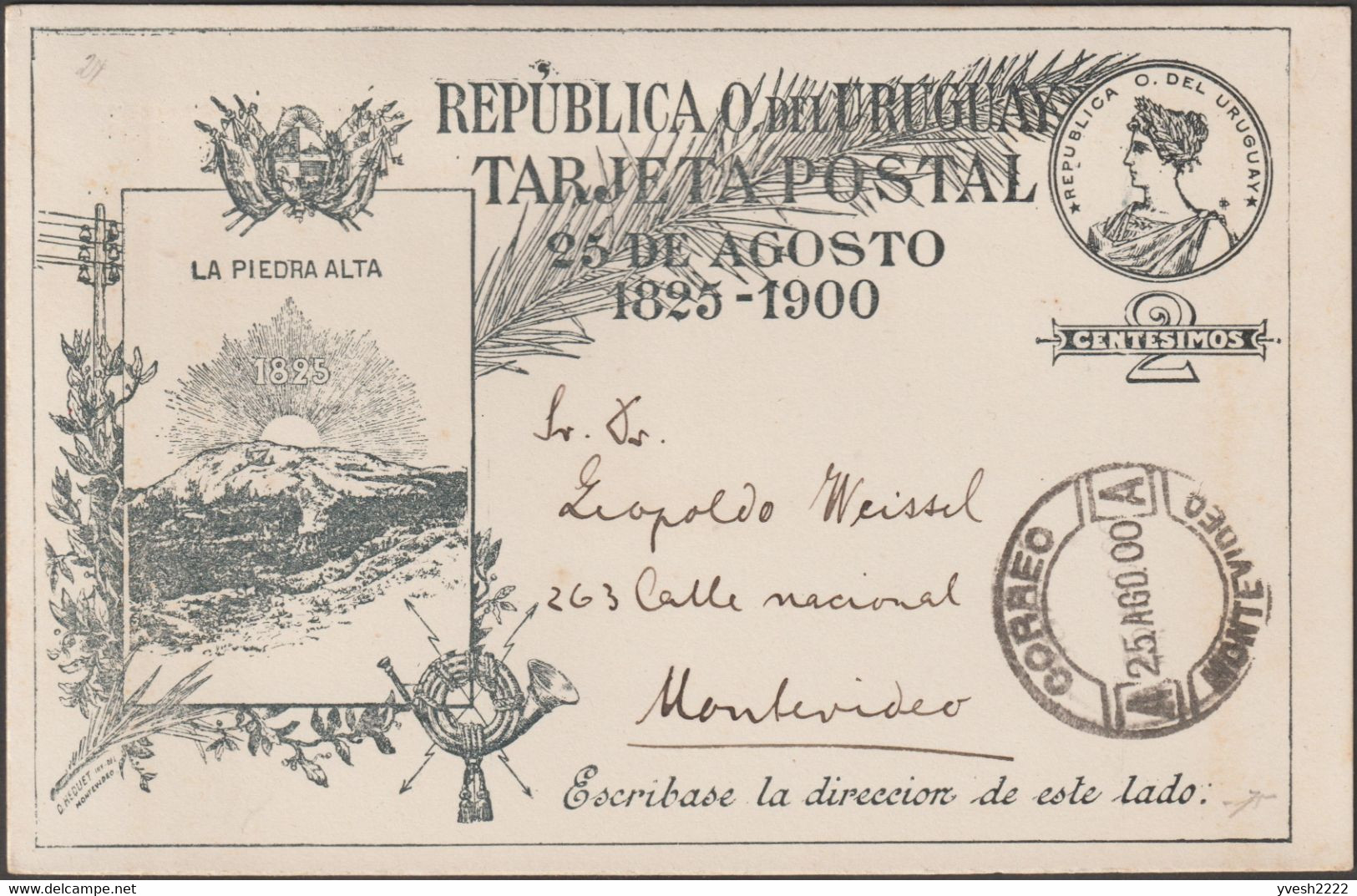 Uruguay 1900. Entier Postal Commémoratif. La Grande Pierre, Blasons, Poteau Télégraphique, Cor De Poste, Palmier, Soleil - Mountains