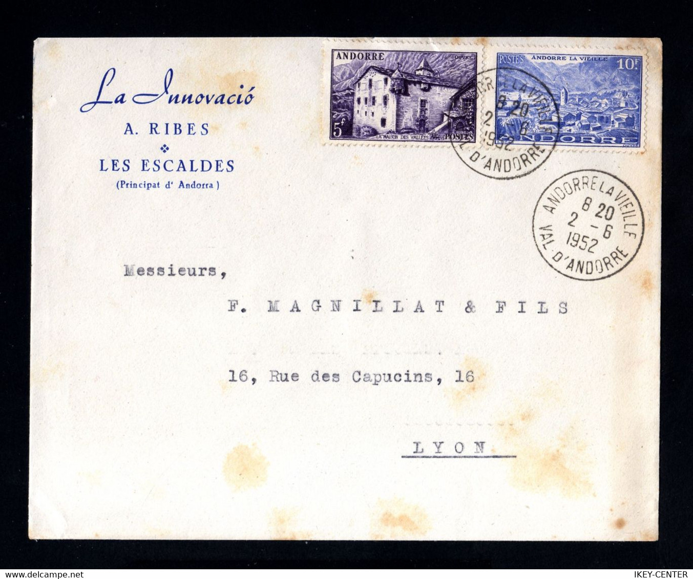 1607-ANDORRE-OLD French COVER ANDORRE La VIEILLE To LYON (france).1952.Enveloppe . - Cartas & Documentos