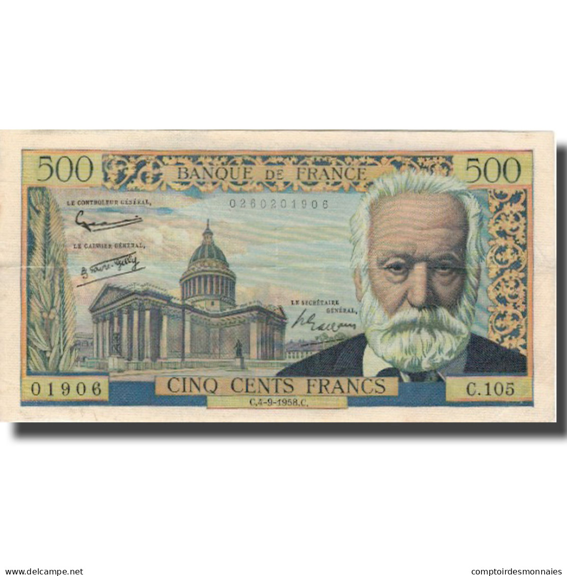 France, 500 Francs, Victor Hugo, 1958, 1958-09-04, TTB, Fayette:35.10, KM:133b - 500 F 1954-1958 ''Victor Hugo''