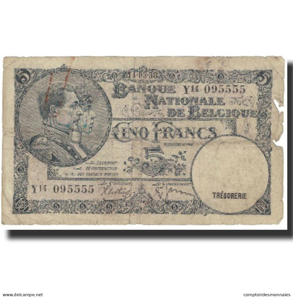 Billet, Belgique, 5 Francs, 1938, 1938-05-10, KM:108a, B - 5 Francos