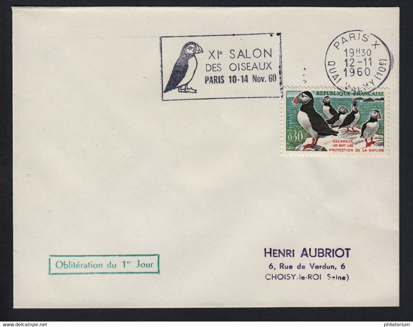 Macareux, Yv 1274; Enveloppe Salon Des Oiseaux Paris Novembre 1060; Macareux à La Houppe - Storia Postale