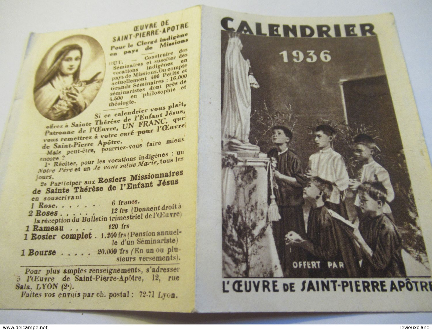 Petit Calendrier De Poche à  2 Volets /L'OEUVRE De SAINT- PIERRE Apôtre/Lyon / 1936                               CAL489 - Small : 1921-40