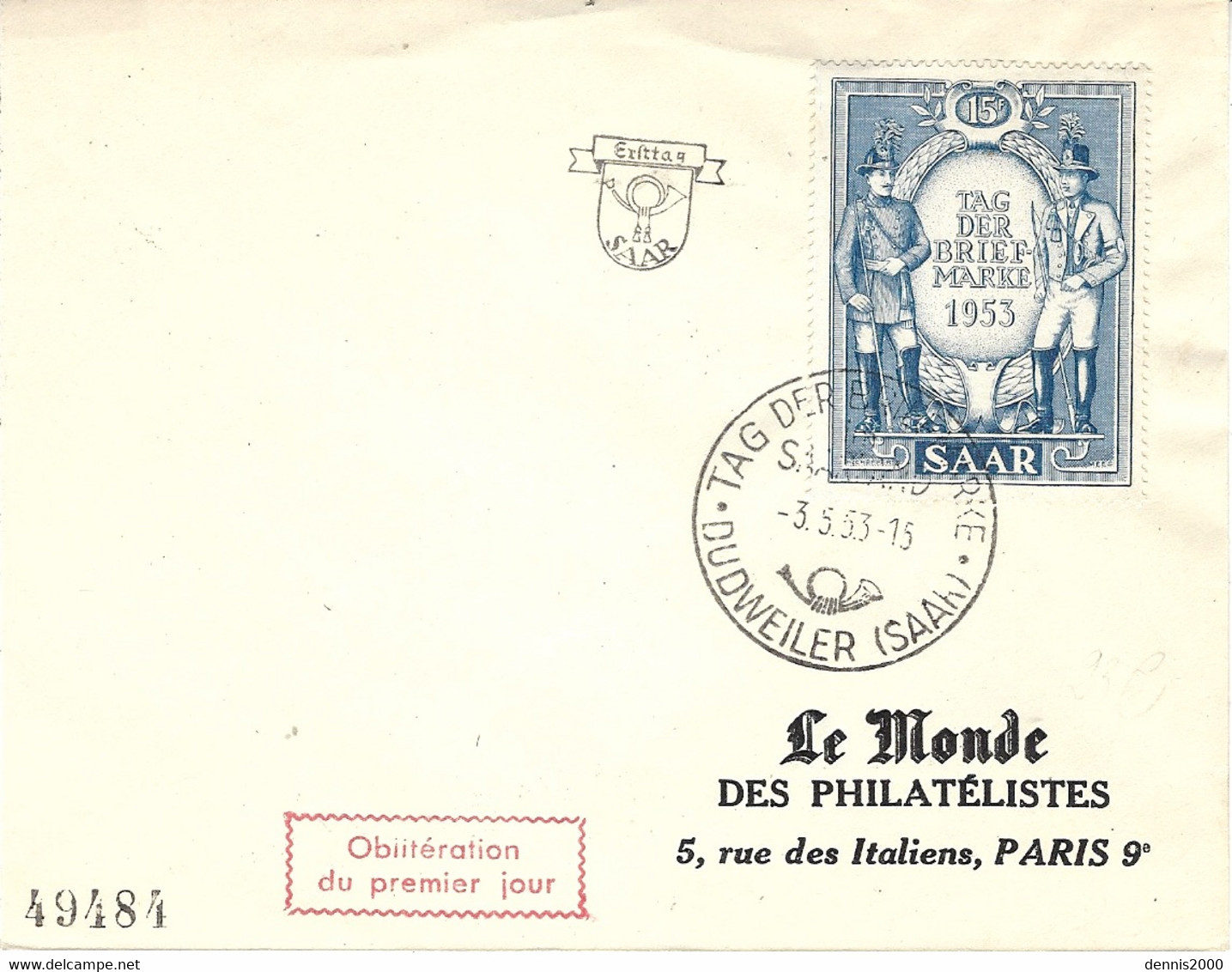 1953 - Enveloppe 1 Er Jour ( F D C )   Y & T N°321  15f. Bleu - FDC