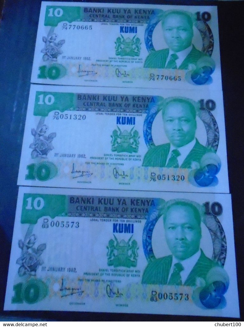 KENYA , P 20a + 20b,  10 Shillings , 1981 + 1982 , Almost UNC Presque Neuf + EF, 4 Notes, Humidity Spots - Kenia