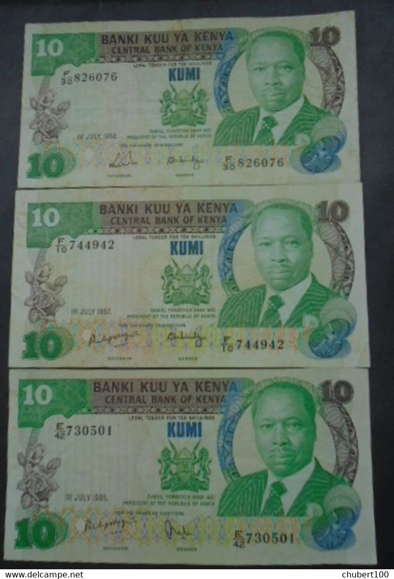 KENYA , P 20d + 20f + 20g,  10 Shillings , 1985 + 1987 +  1988, Almost UNC Presque Neuf + VF, 3 Notes, Humidity Spots - Kenya