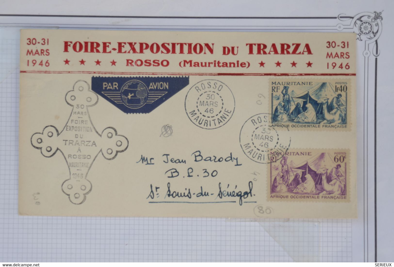 AZ12  MAURITANIE  BELLE LETTRE FOIRE EXPO TRAZA  1946 ROSSO  A  ST LOUIS + AFFRANCH. PLAISANT - Covers & Documents