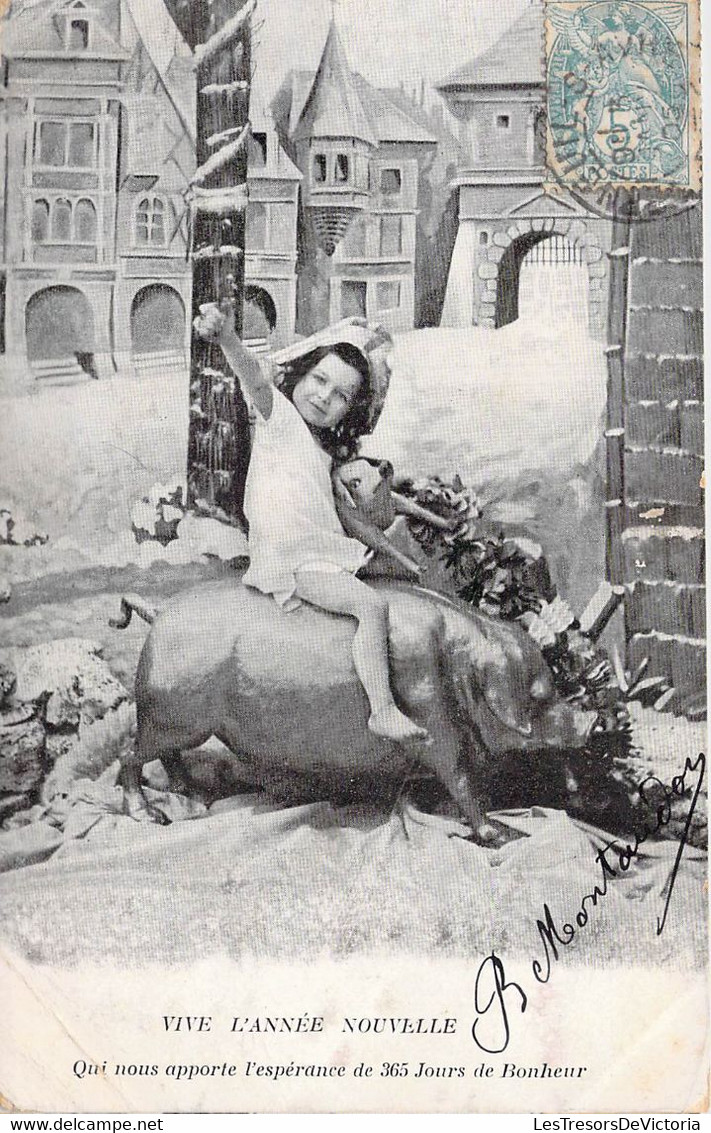 CPA - ENFANT - Une Jeune Fille Assise Sur Le Dos D'un Cochon Souhaite La Bonne Année Nouvelle - Cartoline Umoristiche