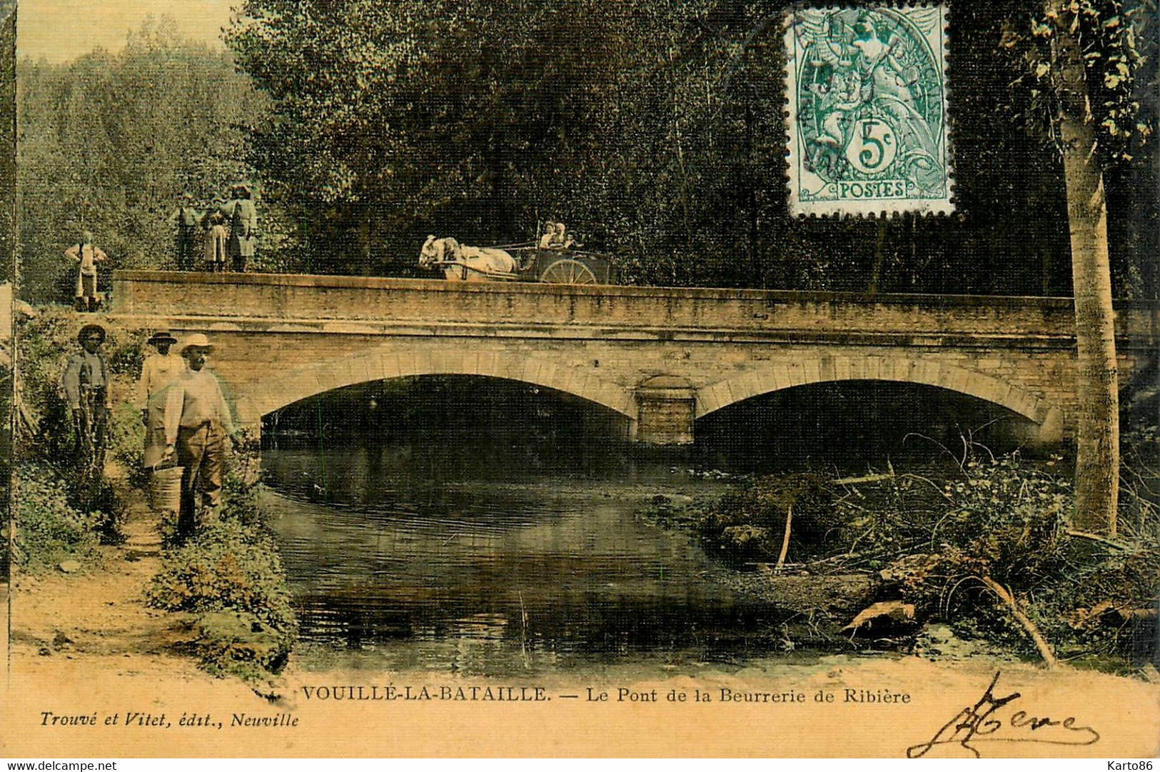 Vouillé La Bataille * Un Coin Du Village Et Le Pont De La Beurrerie De Ribière * Villageois * Cpa Toilée Colorisée - Vouille