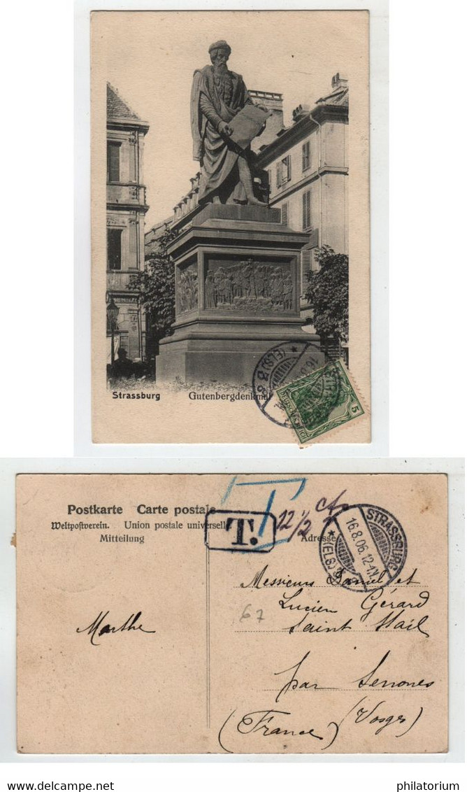 STRASBOURG  16 Août 1906 Sur Germania 5Pf Pour Saint Stail; Taxe Calculée Mais Non Perçue - Otros & Sin Clasificación