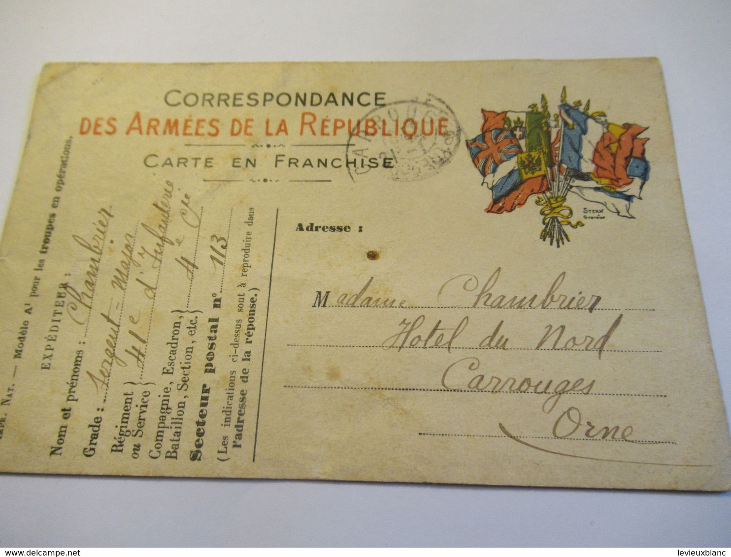 Correspondance Des Armées De La République/Carte En Franchise/Chambrier/ Carrouges/ORNE/Janv. 1916               POIL212 - 1914-18