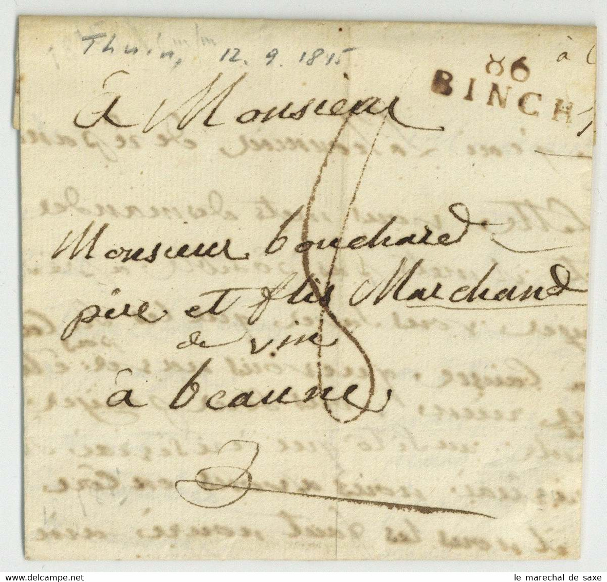 86 BINCHE Binche Thuin 1815 Pour Beaune Honnay - 1815-1830 (Période Hollandaise)