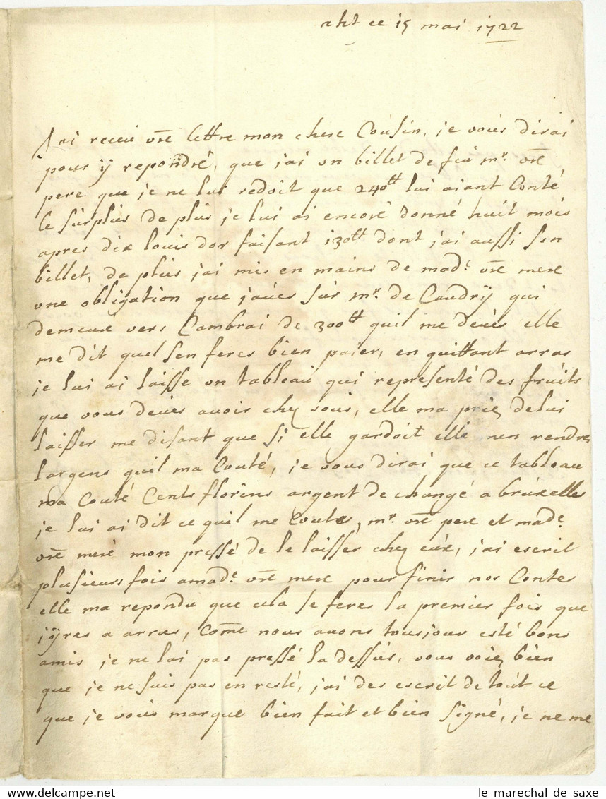 Ath Manuscrit LAS De Vos Van Steenwijk Au Baron De Wismes à Arras - 1714-1794 (Austrian Netherlands)