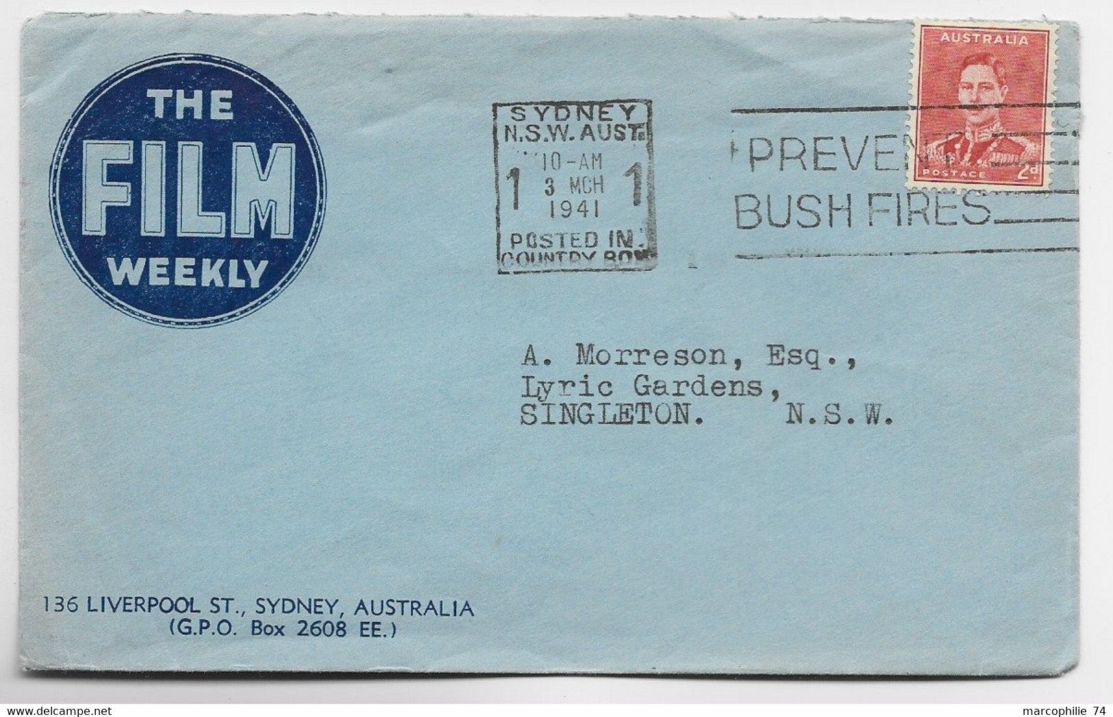 AUSTRALIA 2D  SOLO LETTRE COVER THE FILM WEEKLY SYDNEY NSW 1941 TO NSW - Briefe U. Dokumente