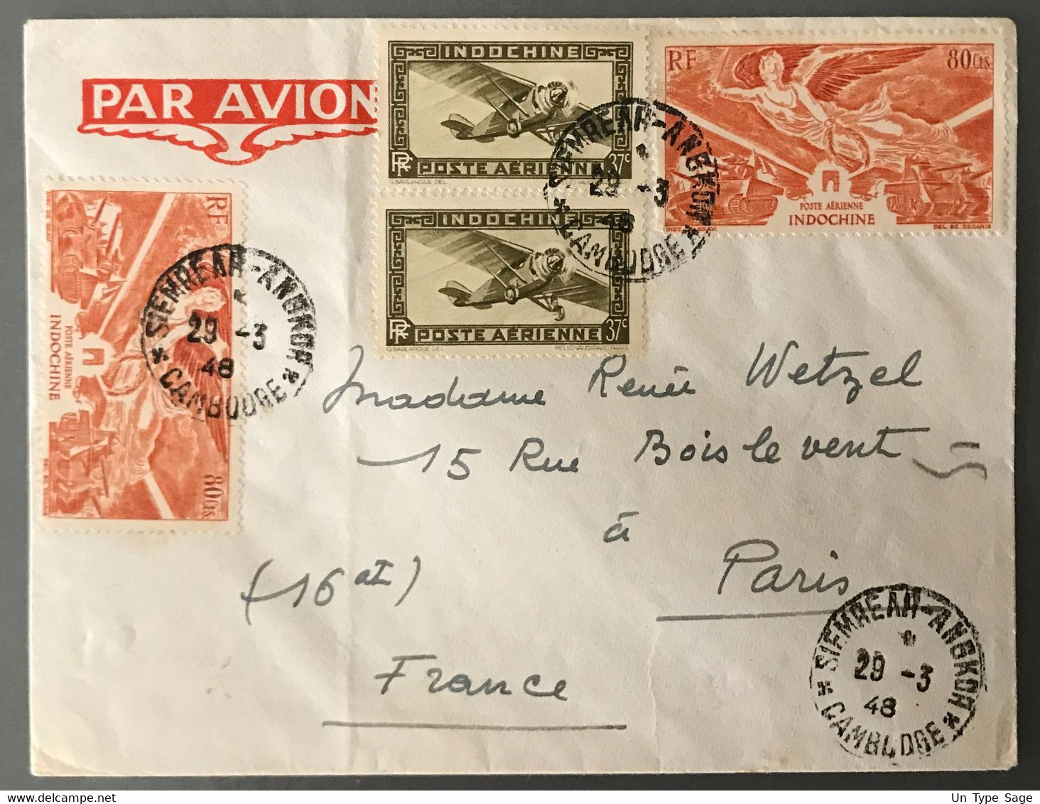 Indochine, Divers Sur Enveloppe TAD SIEMREAP-ANGKOR, Cambodge 29.3.1948 Pour La France - (B3157) - Lettres & Documents