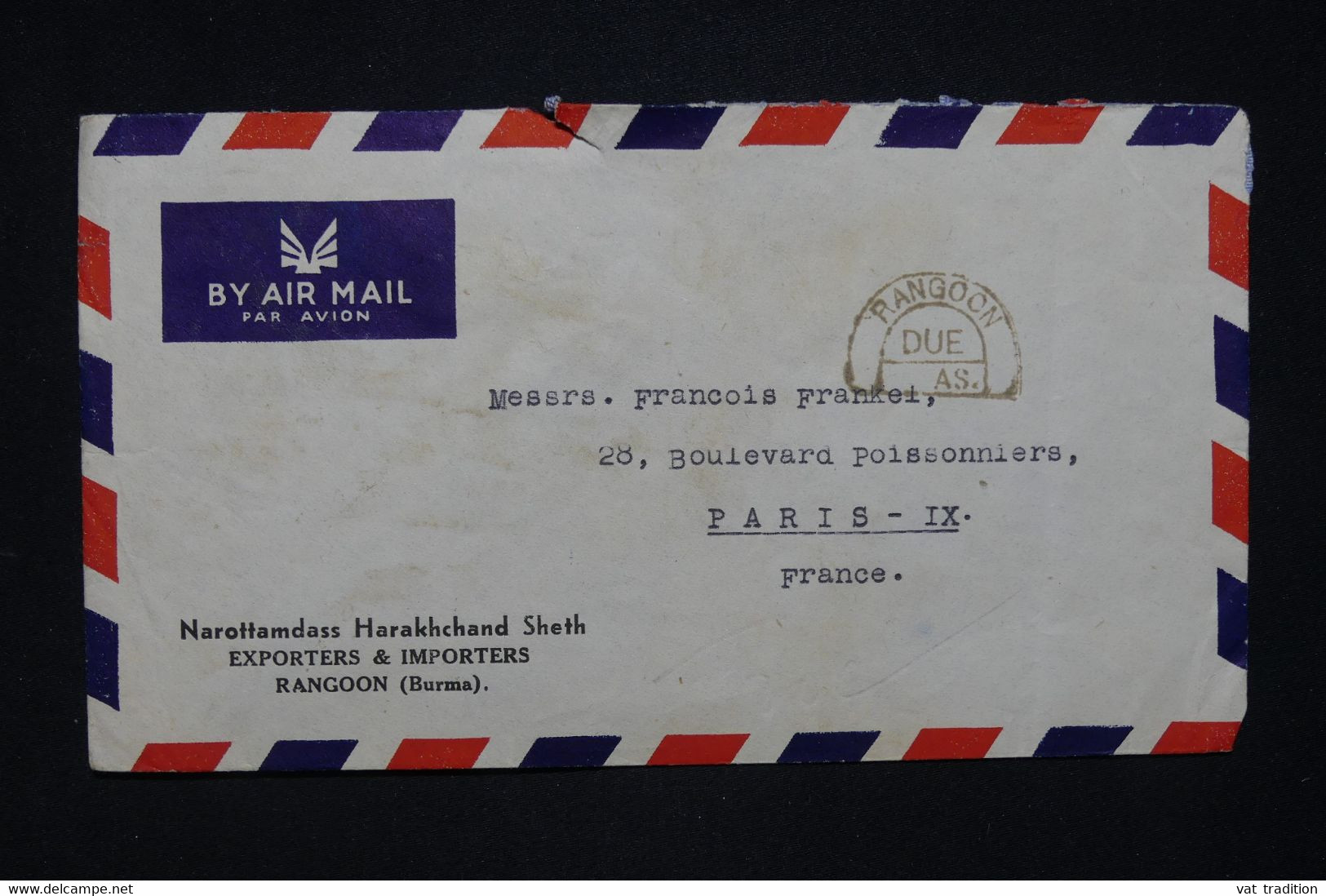 BIRMANIE - Enveloppe Commerciale De Rangoon Pour La France Par Avion, Affranchissement Au Verso- L 126316 - Burma (...-1947)