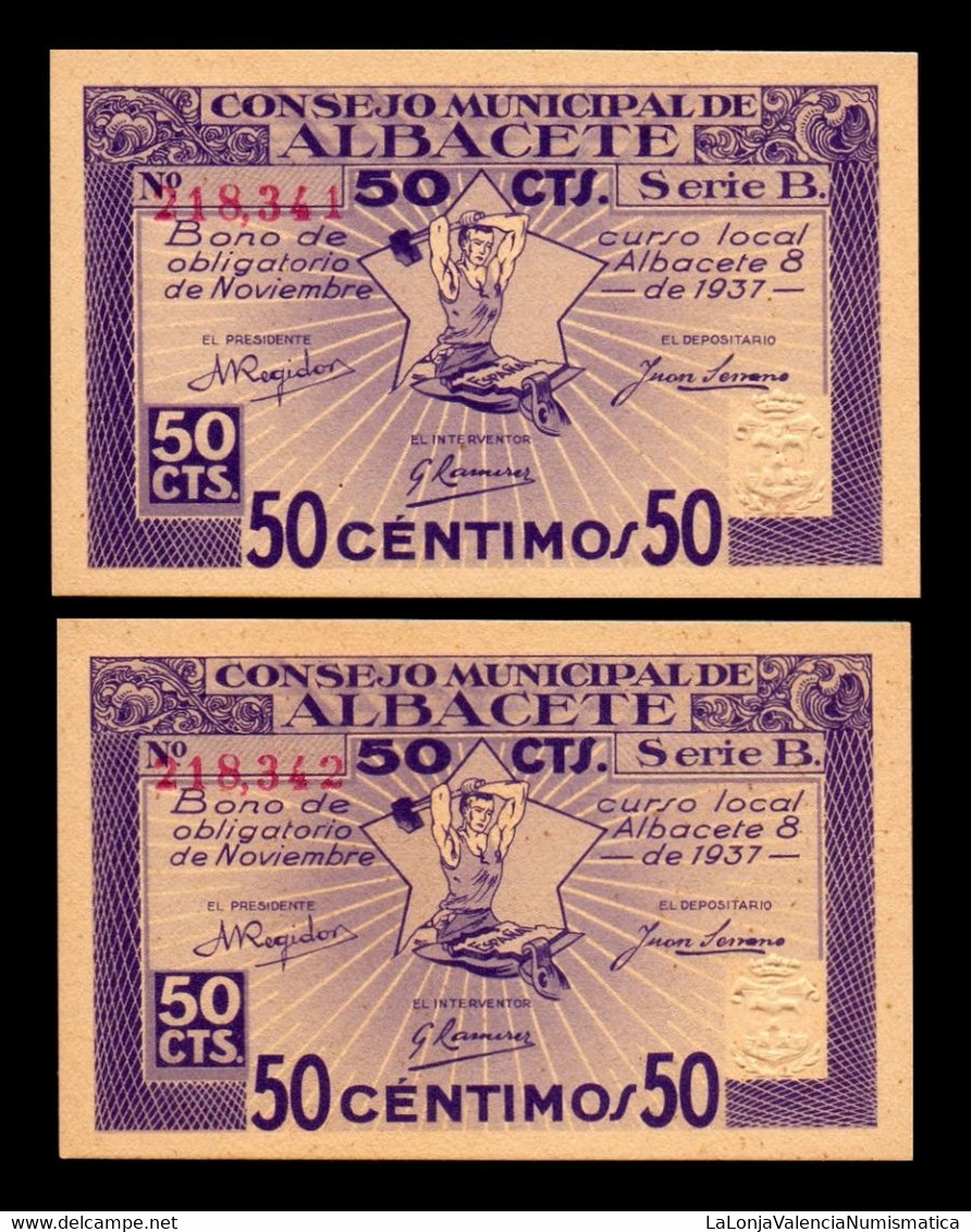 España Spain Billete Local Albacete Pareja Correlativa 50 Céntimos 1937 SC UNC - Otros & Sin Clasificación