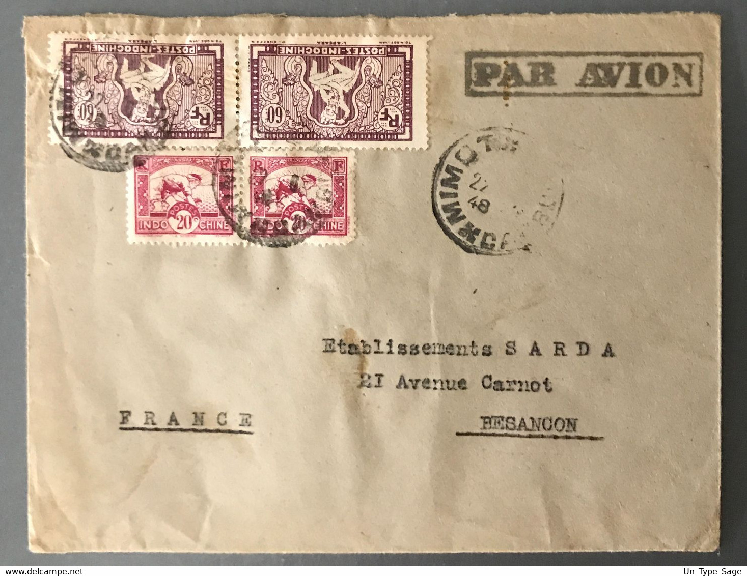 Indochine, Divers Sur Enveloppe TAD MIMOT, Cambodge 22.6.1948, Pour La France - (B3217) - Brieven En Documenten