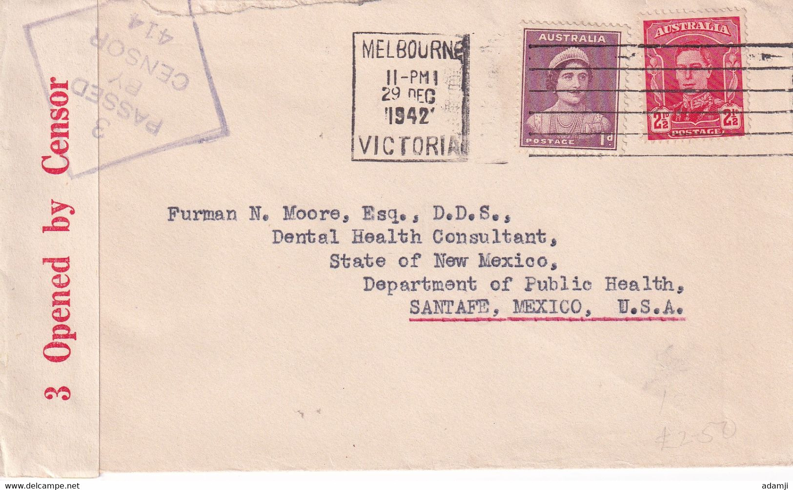 AUSTRALIA 1942 CENSORED COVER TO USA. - Covers & Documents