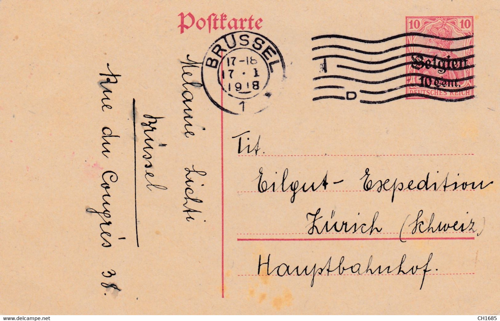 BELGIQUE : Occupation Allemande Entier Postal De Bruxelles Pour Eilgut Expédition Zürich 17 1 1918 - Deutsche Besatzung