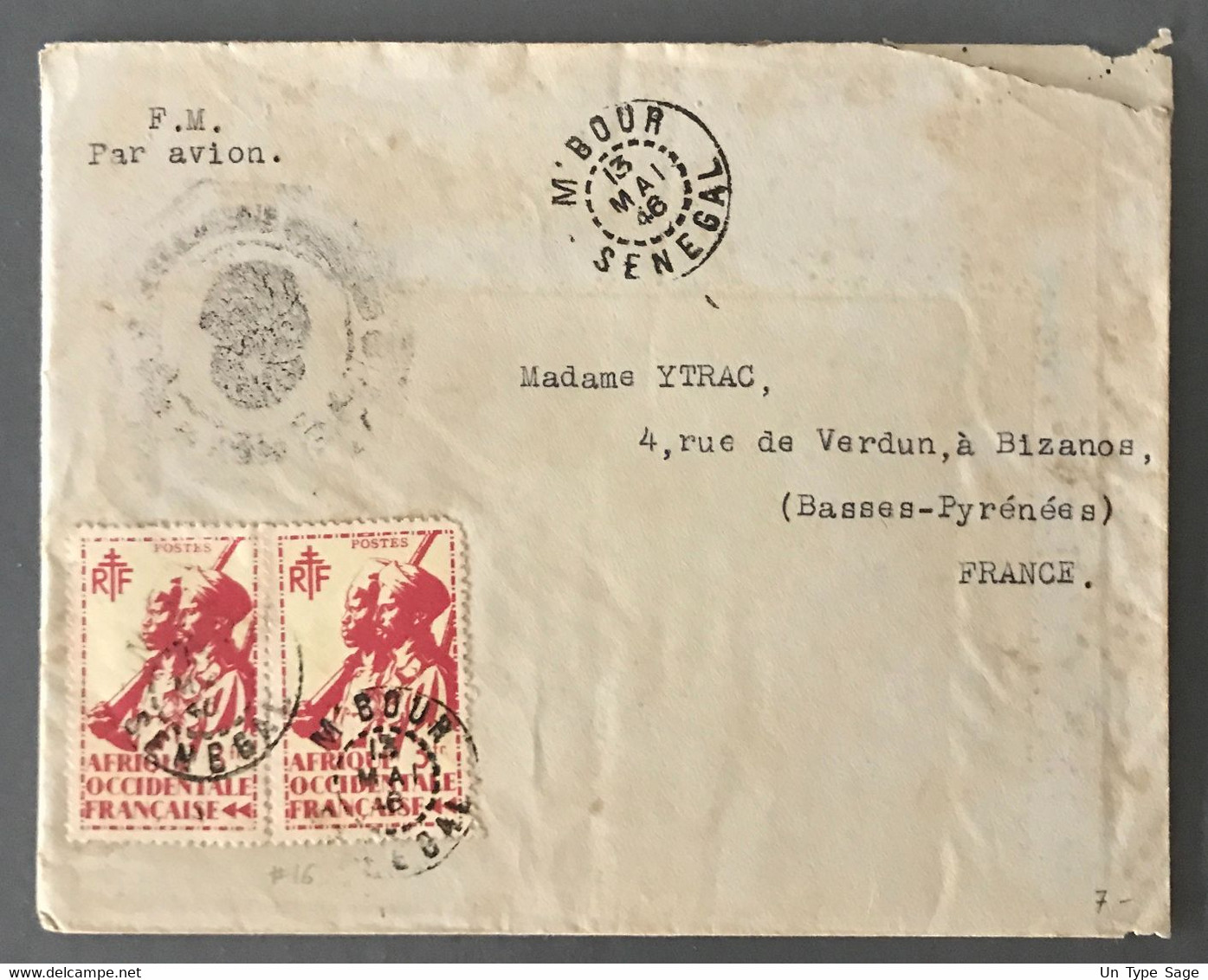 Sénégal, Divers Sur Enveloppe TAD M'BOUR, Sénégal 13.5.1946 Pour La France - (B3302) - Brieven En Documenten