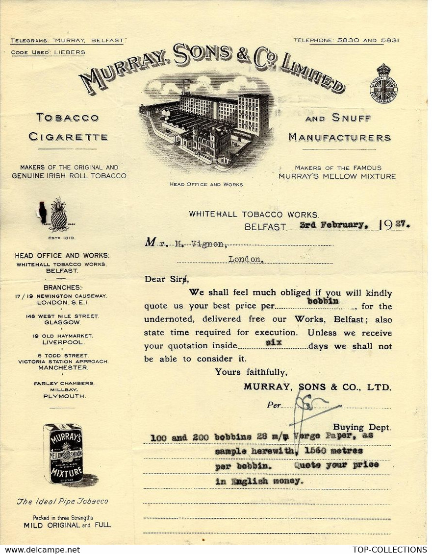 1927 TABAC MURRAY Sons & Co Ltd Belfast Ireland Tobacco Cigarettes Pour Vignon London VOIR SCANS - Regno Unito