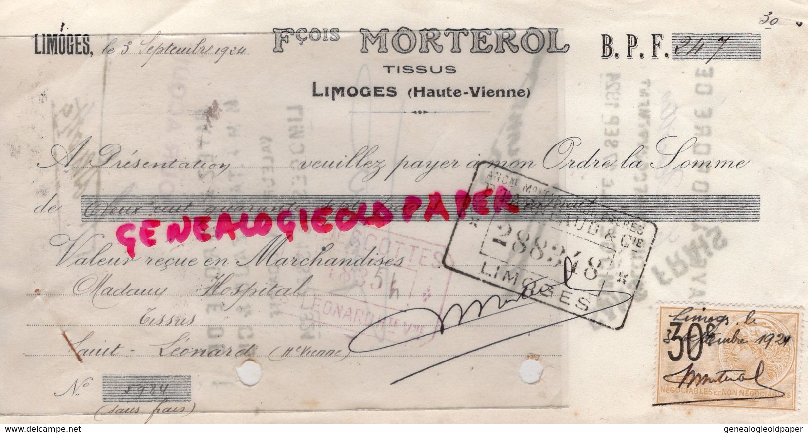 87- LIMOGES - TRAITE COMMERCE  FRANCOIS MORTEROL- FABRIQUE TISSUS- MME HOSPITAL SAINT LEONARD-1924- BANQUE TARNEAUD - Kleidung & Textil