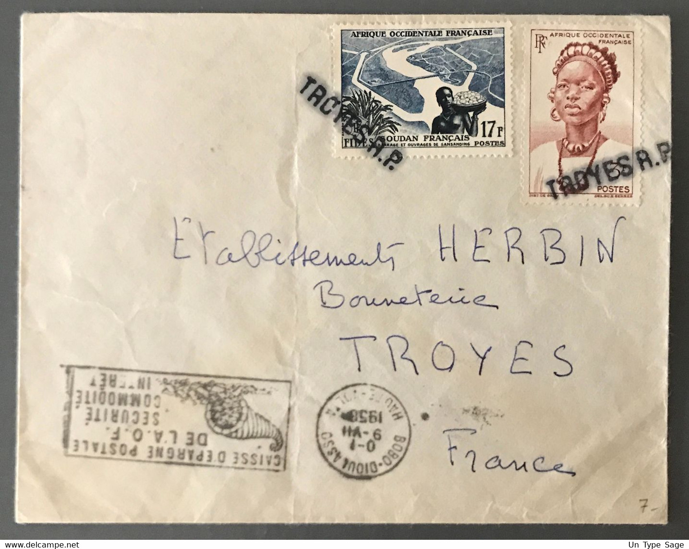 A.O.F, Divers Sur Enveloppe, Griffe TROYES R.P. Oblitérante - Cachet BOBO-DIOULASSO, Haute-Volta 9.8.1958 - (B3346) - Brieven En Documenten