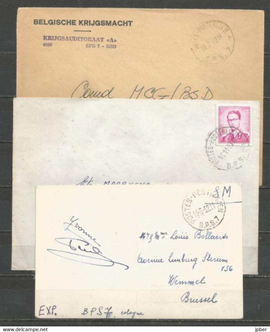 Belgique - Poste Militaire - Cachet "POSTES-POSTERIJEN B.P.S.7" Différents Types Et Dates - Brieven En Documenten