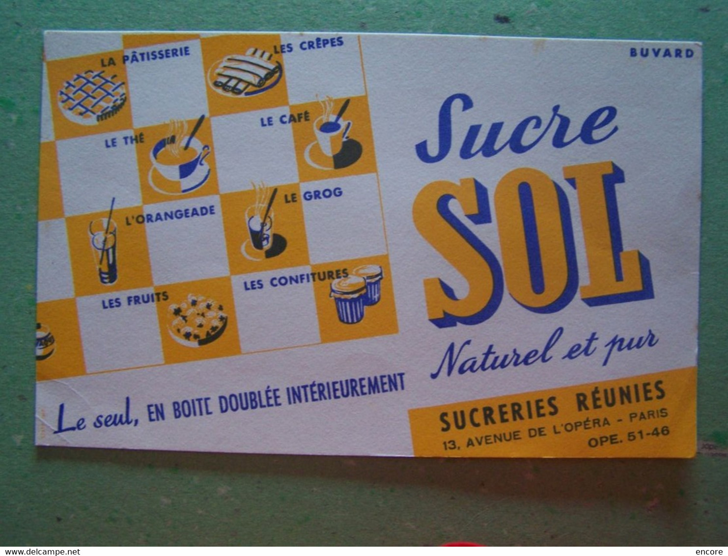 BUVARD. PUBLICITE "SUCRE SOL". PARIS. 1ER ARRONDISSEMENT. 13 AVENUE DE L'OPERA.  100_6715TRC"A" - Cake & Candy