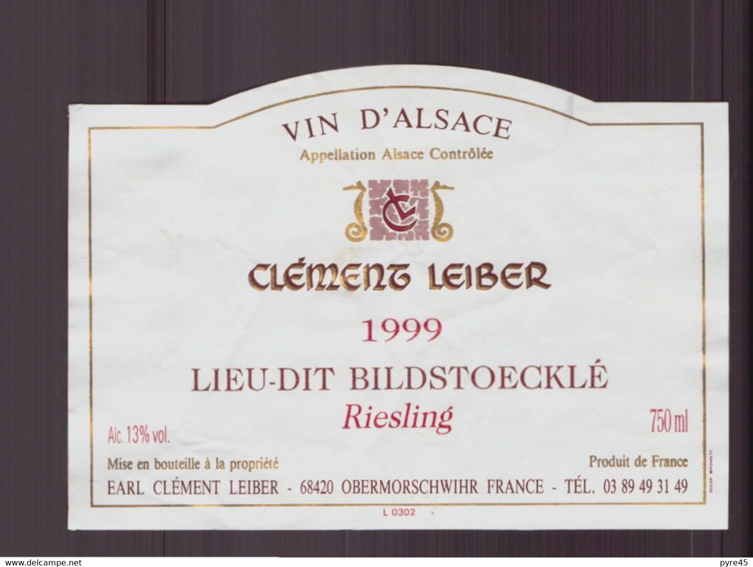 ETIQUETTE VIN CLEMENT LEIBER 1999 RIESLING  OBERMORSCHWIHR LIEU DIT BILDSTOECKLE - Riesling