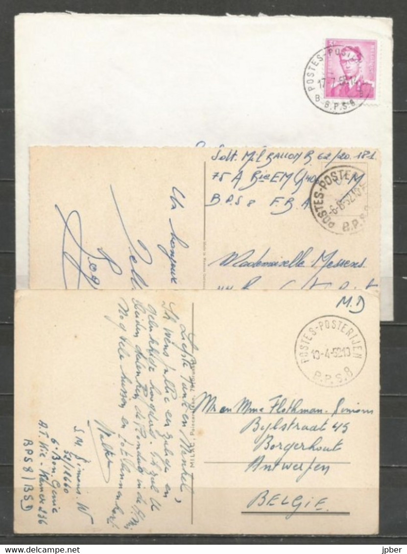 Belgique - Poste Militaire - Cachet "POSTES-POSTERIJEN B.P.S.8" Différents Types Et Dates - Cartas & Documentos