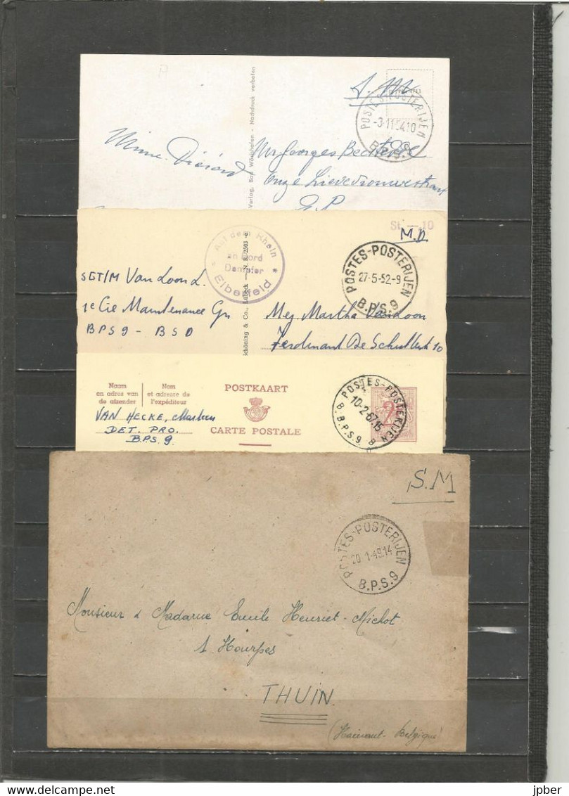 Belgique - Poste Militaire - Cachet "POSTES-POSTERIJEN B.P.S.9" Différents Types Et Dates - Lettres & Documents