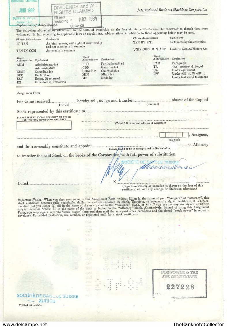 US International Business Machines (IBM) Stock Certificate - Industrie