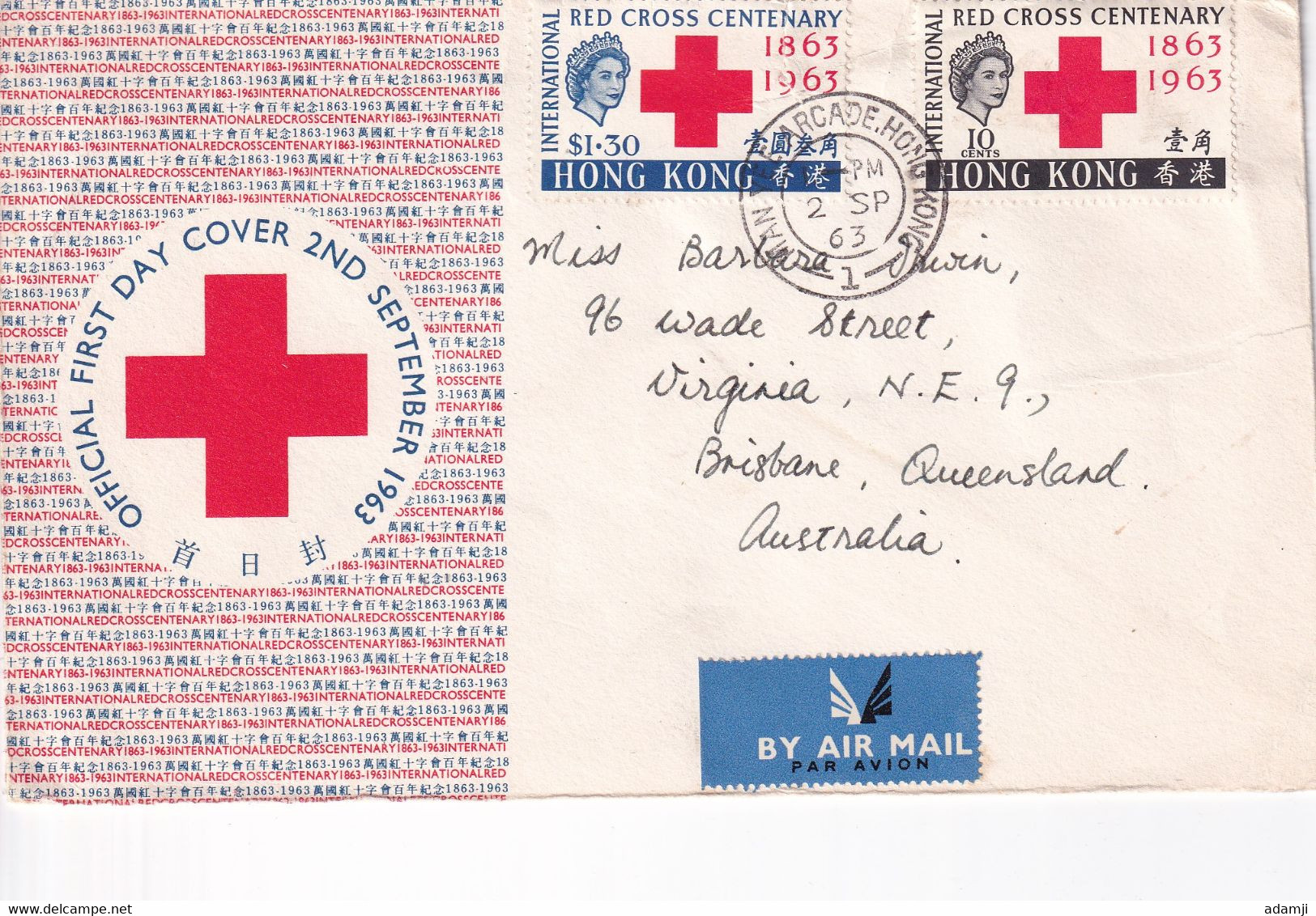 HONG KONG 1963 RED CROSS FDC COVER TO AUSTRALIA. - Brieven En Documenten