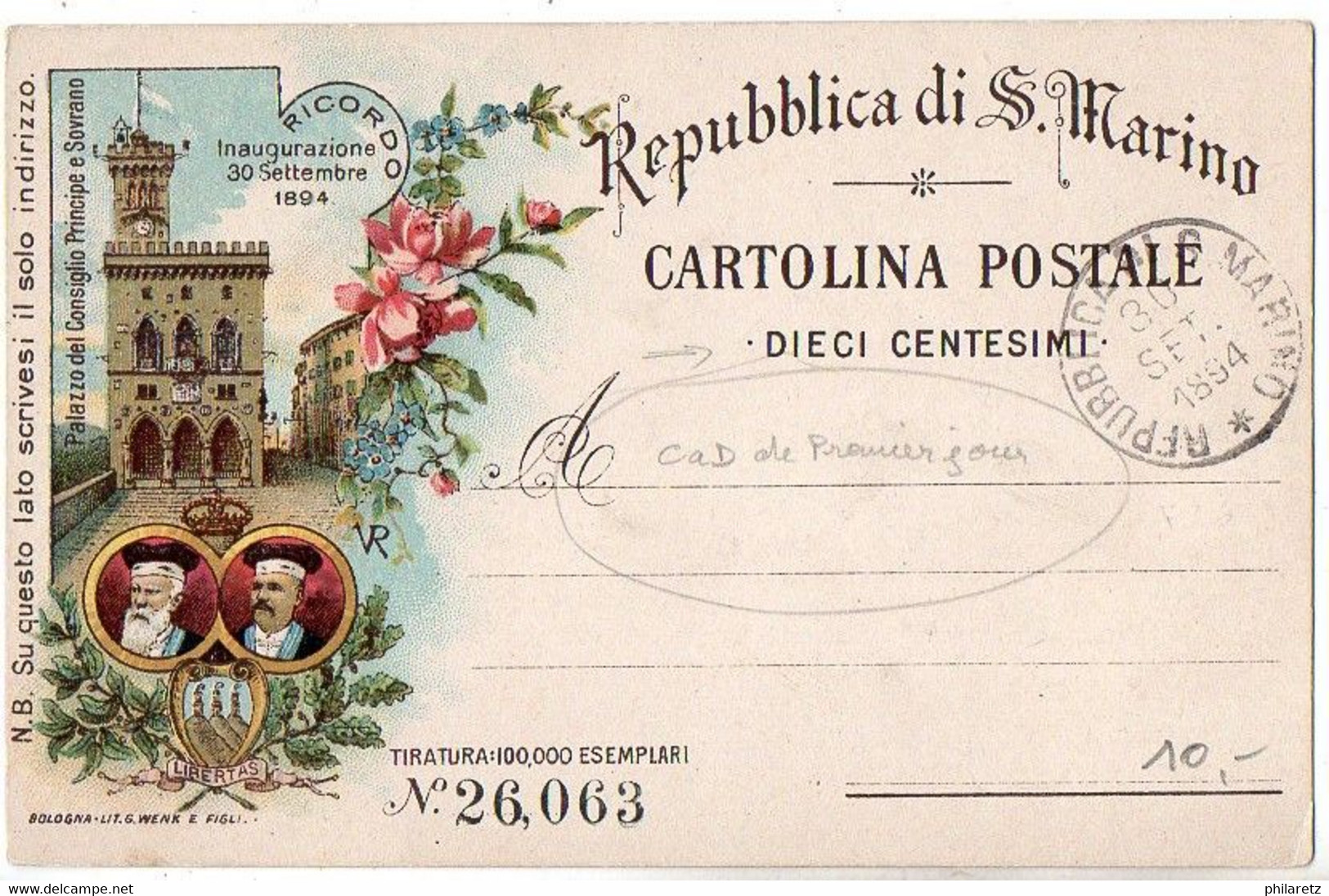 Saint Marin : Entier Postal Illustré Oblitéré CaD Du 30 Sept. 1894 (1er Jour D'émission) - Interi Postali