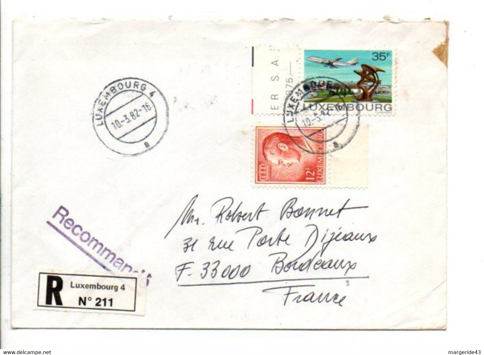 LUXEMBOURG AFFRANCHISSEMENT COMPOSE SUR LETTRE RECOMMANDEE POUR LA FRANCE 1982 - Storia Postale