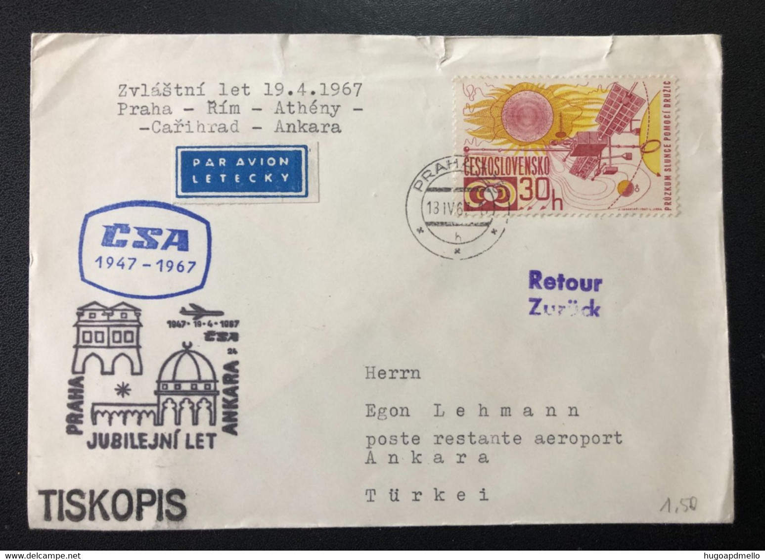 CZECHOSLOVAKIA, « 20 Years CSA First Flight PRAHA - ANKARA », « Return To Sender », 1967 - Luchtpost